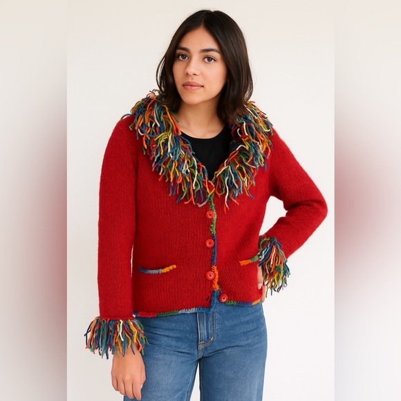 World Folk Art Sweaters - World Folk Art Imports Artsy Red Knit Wool Cardigan with Colorful Fringe Trim Lg